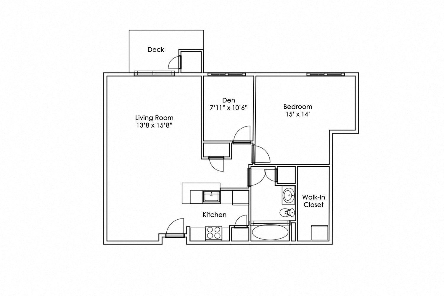 Floor plan for 1 bed, 1 bath, 956 sqft